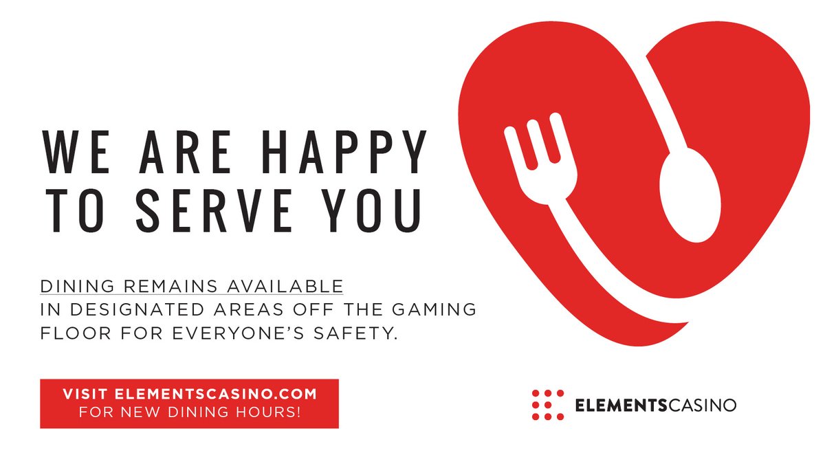 Our occupancy has been set to 50% capacity. 

The consumption of F&amp;B on the gaming floor has been discontinued.

We are happy to continue serving you at the Noodle Bar on level 2. Open Daily from 3PM to 10PM.
More Details here: elementscasinomohawk.com