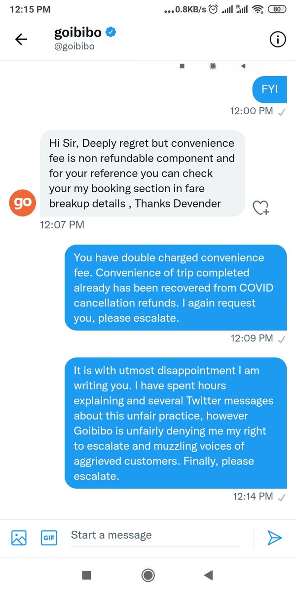 SamirRadia's tweet photo. @goibibo This is how you respond? Repeatedly giving the same answer over and over and not address the actual issue shows that there is a malafied interest of Goibibo Management not willing to intervene to discuss the issue at hands. https://t.co/X1thBDx13W