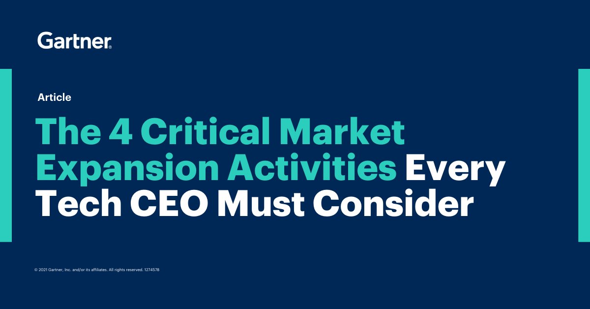 Gartner_inc's tweet image. A market expansion activity without deep market insight is more likely to fail 📉 Discover the 4️⃣ essential market expansion activities to achieve greater market success from @Gartner_HT: gtnr.it/3e8dO8c #GartnerTGI #TechCEO