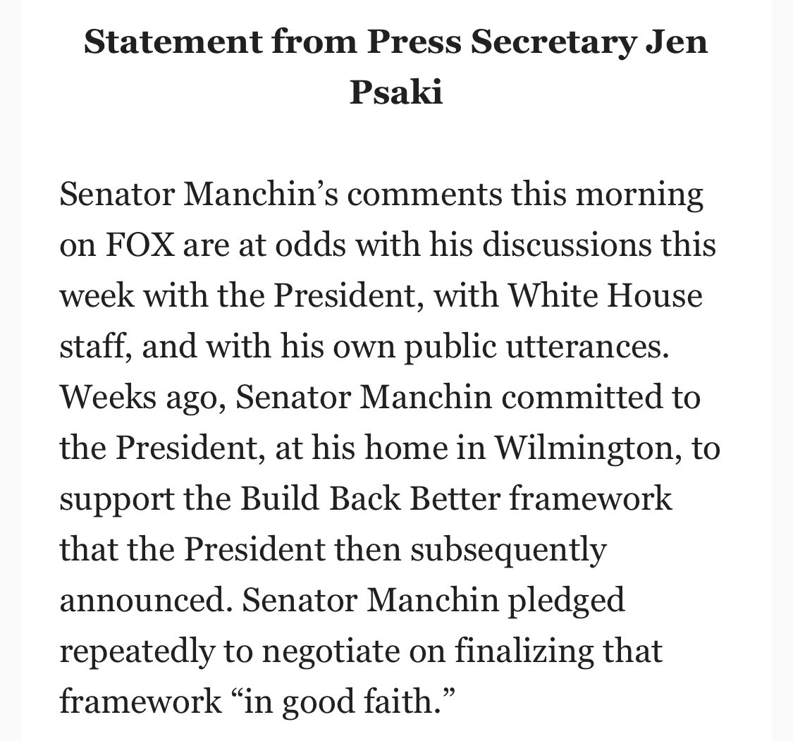Yamiche's tweet image. The first paragraph of this statement by @PressSec sums up the WH thinking today: “Senator Manchin’s comments this morning on FOX are at odds with his discussions this week with the President, with White House staff, and with his own public utterances.”