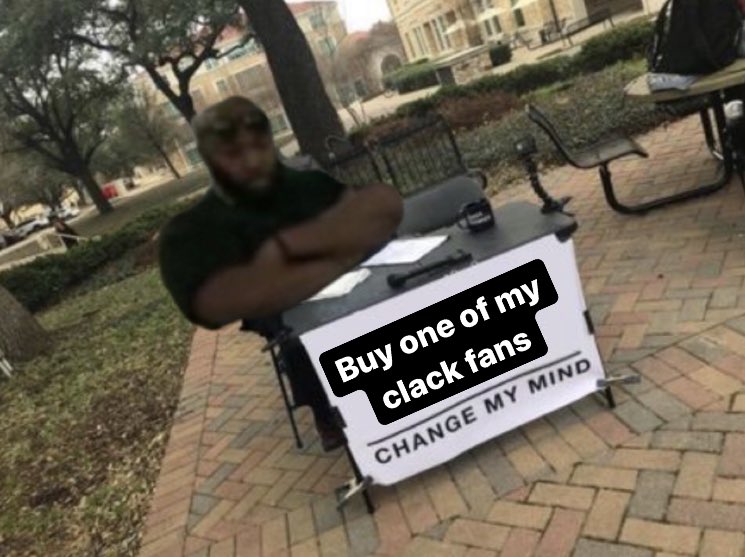 TheDerekFrazier's tweet photo. I think you should pre-order one of my custom clack fans otherwise I will bombard your time line with memes..
#bb23 #fan #clackfan vv
https://t.co/HL0u1Yz7RY https://t.co/MxZQOYk9oc