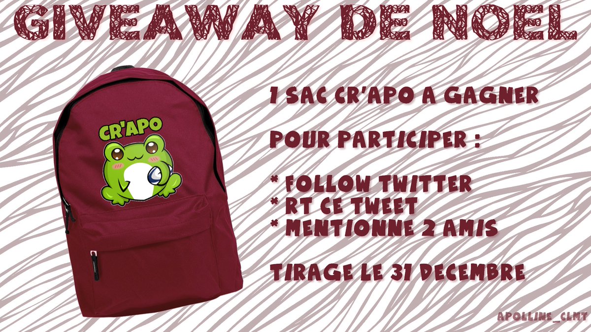 apolline_clmt's tweet photo. 🧑‍🎄GIVEAWAY DE NOEL 🧑‍🎄

Pour finir cette année en beauté et bien commencer 2022, je vous fais gagner un sac à dos Cr'Apo 🐸 : 

Pour participer 🎁 : 
    - Follow moi
    - Rt ce tweet
    - @ mentionne deux amis

TAS: le 31 décembre 🍀 https://t.co/LWHq6xgAPm