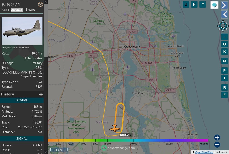 TheIntelFrog's tweet photo. C-130J #AE4E15 as KING71 in a hold over MADDN awaiting the cue to head to downtown Jacksonville for the flyover for todays NFL game. https://t.co/RaSY2Z5frv