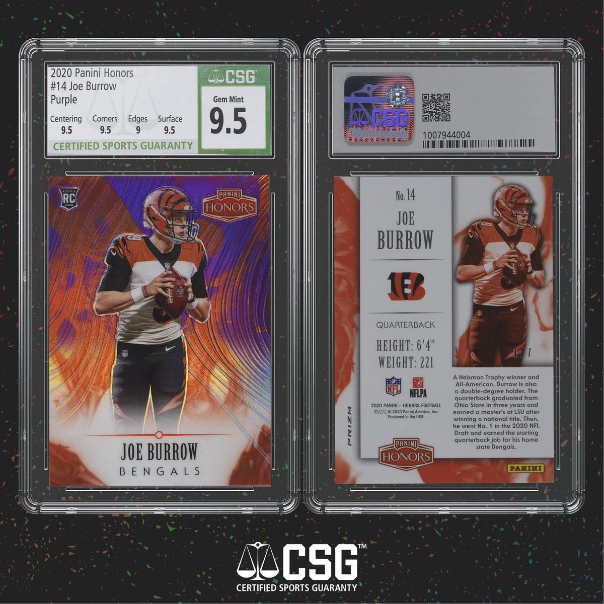 Today’s CSG Card of the Day features the number 1 pick in the 2020 NFL Draft, Joe Burrow.  We’re highlighting the Cincinnati Bengals QB in this 2020 Panini Honors card graded CSG 9.5. The Bengals look to pick up a big road win today in Denver and keep their play-off hopes alive. https://t.co/btOsfKC736