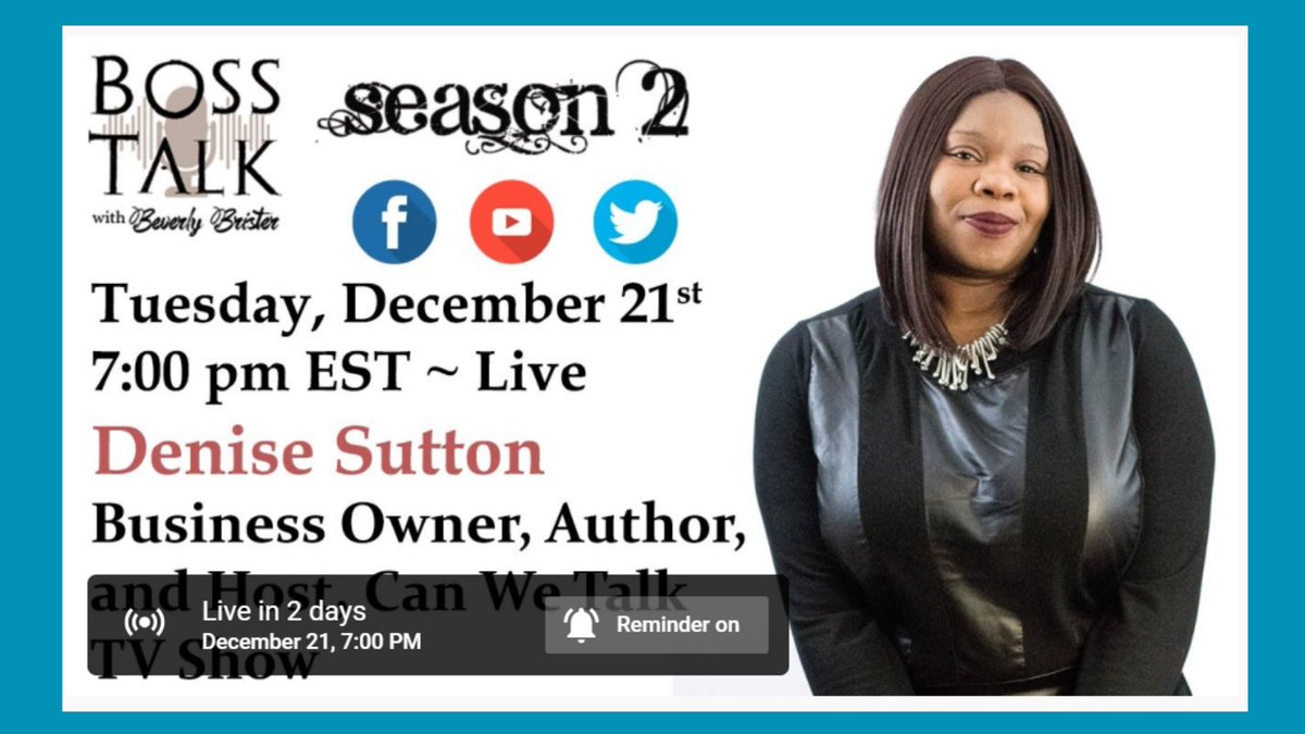 DeniseSuttonCo1's tweet photo. I am looking forward to joining Beverly Brister host of the Boss Talk on December 21st at 7PM EST.  Please join and watch/listen to the conversation. https://t.co/BwJ8EBb5gZ