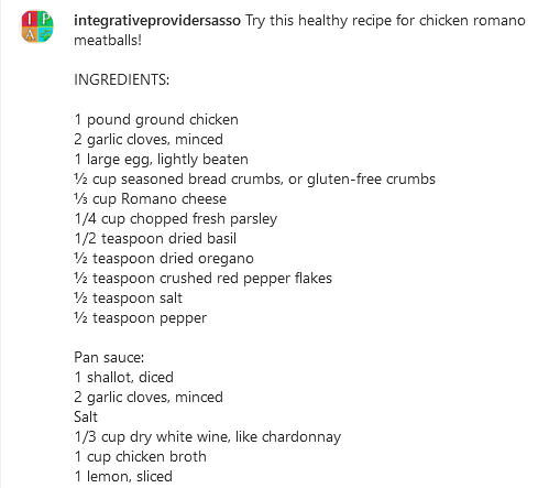 IntegrativeIPA's tweet photo. Try this healthy recipe for chicken romano meatballs! #ipac2022ga #integrativeprovidersassociation #ipac #IAMtheIPA #integrativeproviders #educationisthekey #recipe #recipes #recipeshare https://t.co/c9zLQtPeVq
