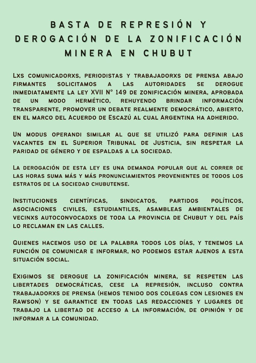 *BASTA DE REPRESIÓN Y DEROGACIÓN DE LA ZONIFICACIÓN MINERA EN CHUBUT*

Compartimos pronunciamiento de periodistas, trabajadorxs de prensa y colectivos de comunicación de Chubut y de todo el país

✍️ Firmar con nombre, lugar y medio (opcional) 👇

docs.google.com/document/d/1PZ…