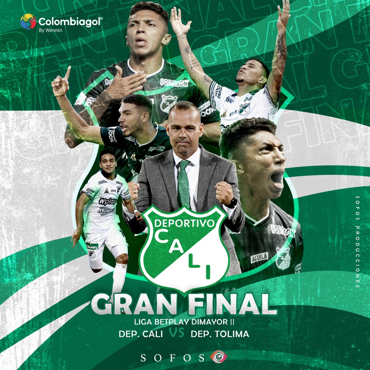 SofosProduccion's tweet photo. ¡Hoy se juega la final de Liga Betplay! 🏆
El @AsoDeporCali 🟢⚪ recibirá en su casa al @cdtolima 🟤🟡 en busca de la décima estrella.
La #FamiliaSOFOS le desea muchos éxitos a Marsiglia, Ramírez, Caldera, Arroyo y Ortega. 🙌⚽ https://t.co/7oCNGfkuD1