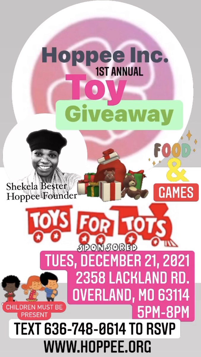 hoppee_inc's tweet photo. 🌸Hoppee Inc. 
🌸🌸1st Annual🌸🌸
🌸TOY GIVEAWAY 🌸

🌸🌸Hoppee Inc.🌸
🌸🌸1st Annual🌸🌸
🌸TOY GIVEAWAY 🌸
When: TUESDAY DECEMBER 21, 2021

Where: 
2358 LACKLAND RD
OVerland, MO 63114

🌸🌸5PM-8PM🌸🌸

FOOD &amp; GAMES
**kids MUST BE PRESENT to get TOY
#toygiveaway2021 #toygiveaway https://t.co/kpOzbBrxww