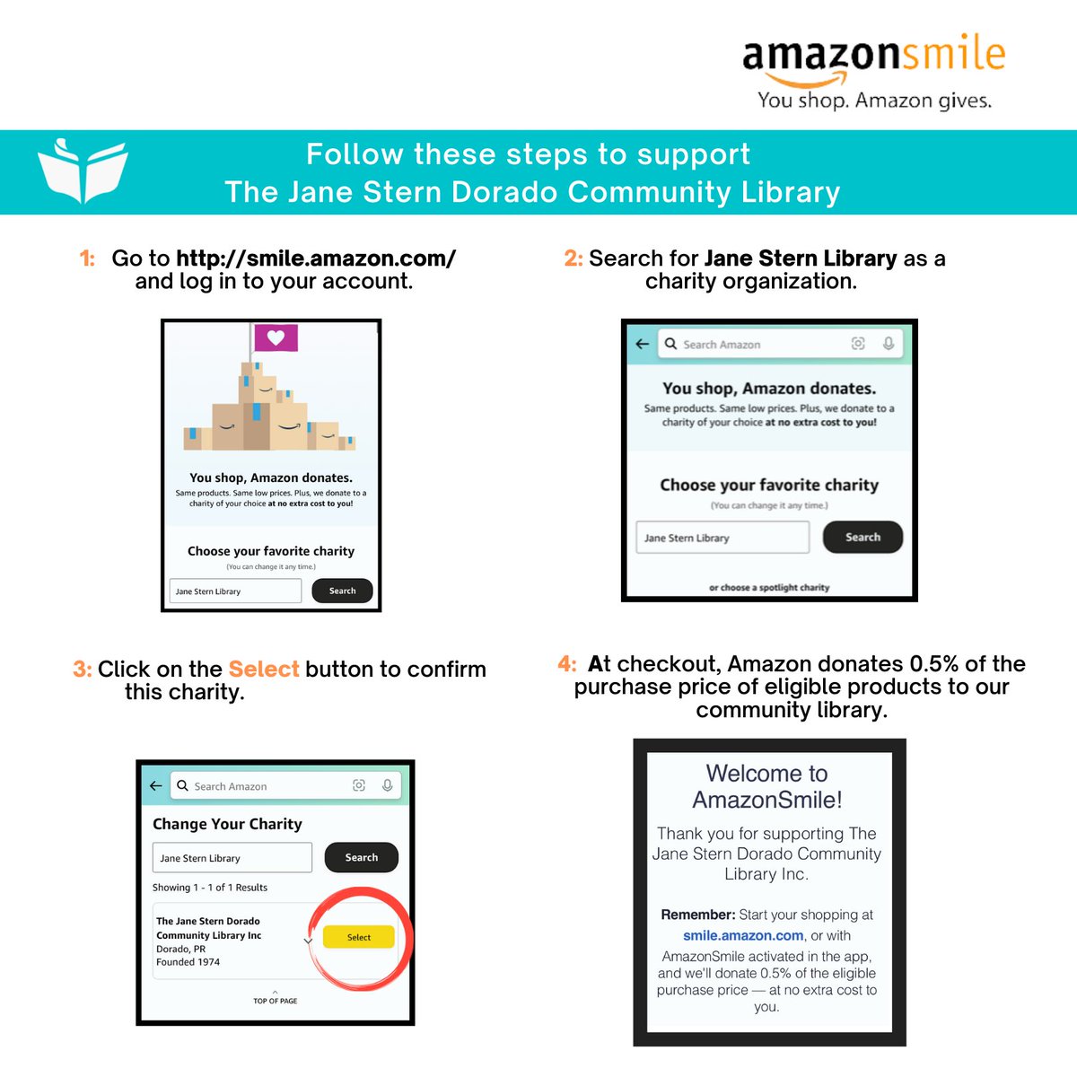 JSDCL's tweet photo. When you shop @AmazonSmile, Amazon will make a donation to The Jane Stern Dorado Community Library Inc. https://t.co/FN9kwdLGw1 https://t.co/NDkoTHXxlv