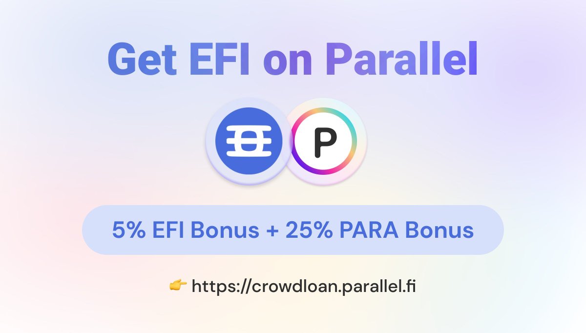 We've teamed up with <a href="/ParallelFi/">Alex T. Plumley</a> to provide additional bonuses for #Efinity crowdloan supporters in the <a href="/Polkadot/">Polkadot</a> parachain auctions! 🎉 

➡️ 5% $EFI bonus for re-staking via Parallel
➡️ 25% $PARA bonus for new Parallel users

Contribute $DOT now: crowdloan.parallel.fi/#/auction/cont…