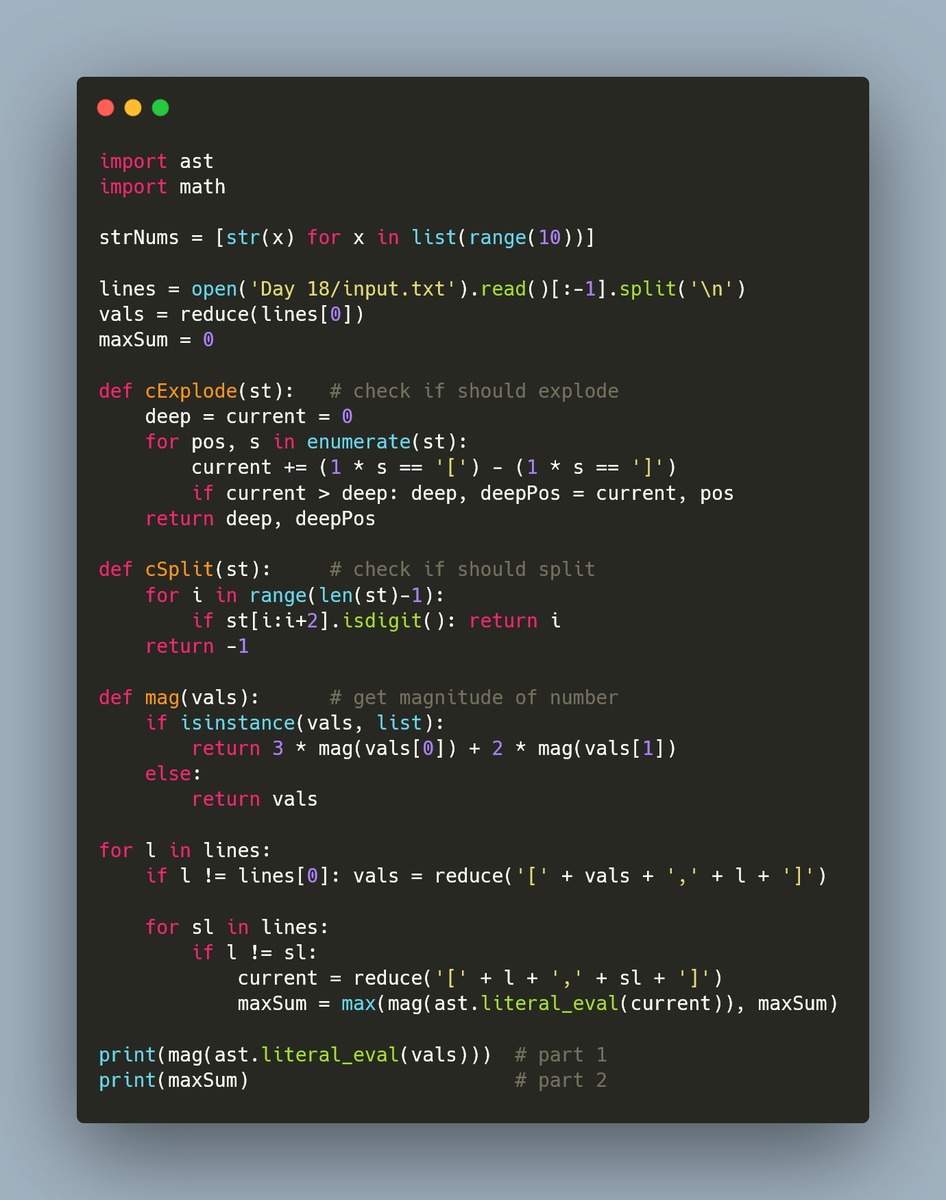 hieristdavid1's tweet photo. [day 18] update: the following days are not as easy as day 17
#AdventOfCode #AdventOfCode2021 https://t.co/JnFwjI4UcZ