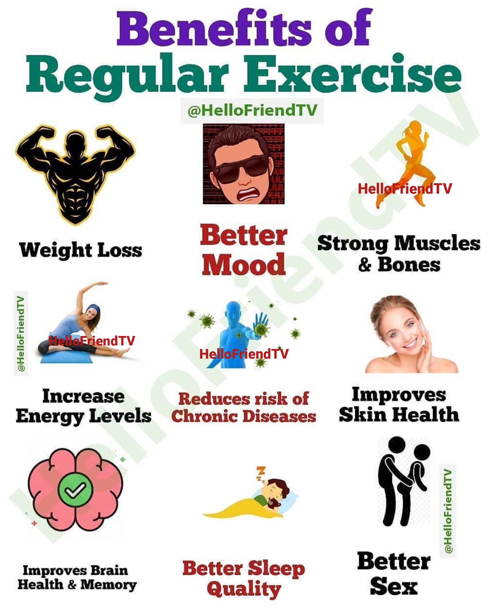 Hello Friend TV on X Benefits of Regular Exercise Regular exercise is really important to significantly improve your health. Exercise can improve mental function reduce your risk of chronic disease an...