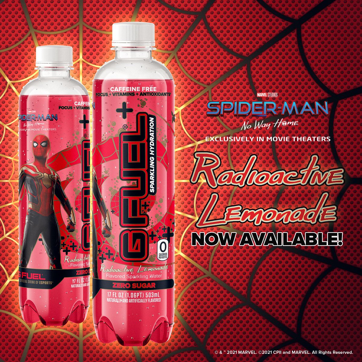 GFuelEnergy's tweet image. ♥️ "𝐋𝐈𝐊𝐄 + 𝐑𝐓 + 𝐂𝐎𝐌𝐌𝐄𝐍𝐓 🕷️" to win a 12 PACK of our CAFFEINE-FREE, AMAZON-EXCLUSIVE, @SpiderManMovie-inspired RADIOACTIVE LEMONADE SPARKLING HYDRATION BOTTLES! Picking 2 winners later this week to celebrate #SpiderManNoWayHome!

🛒 GET YOURS: GFUEL.ly/SpideyBottles