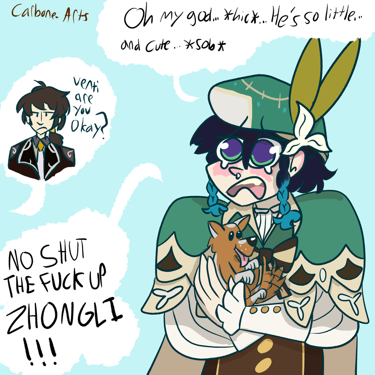 Carbone_arts's tweet photo. #Venti  is definitely a crier, you give him a little puppy dog and he is in shambles

#barbatos #zhongli #morax #genshinimpact #genshin https://t.co/St8w5mcSfw