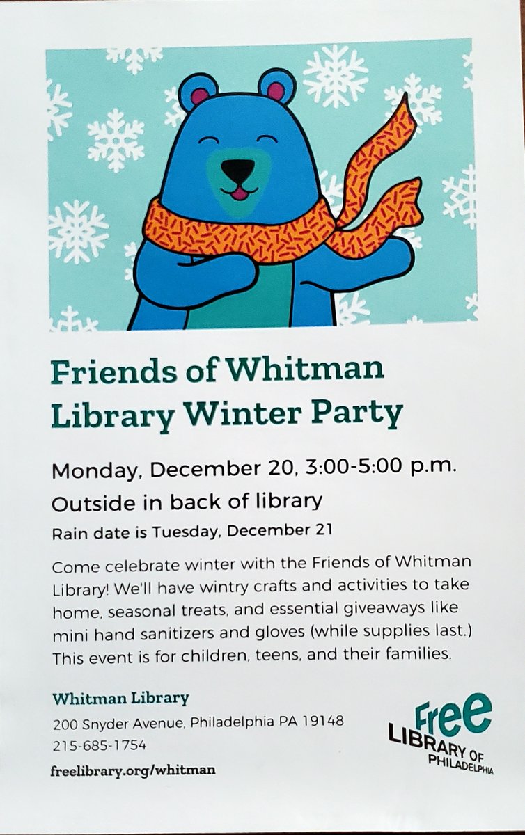 SouthPhillyRead's tweet photo. Come say hi and pick up free books, hot chocolate, giveaways, and do some kids (or adult) activities from 3-5 in the patio of Whitman Library tomorrow (Monday 12/20)!  The library is also open from 1-5 (M-F) I you want to visit too!  #readby4th  #FriendsOfWhitmanLibrary https://t.co/fIQDt5WHoO