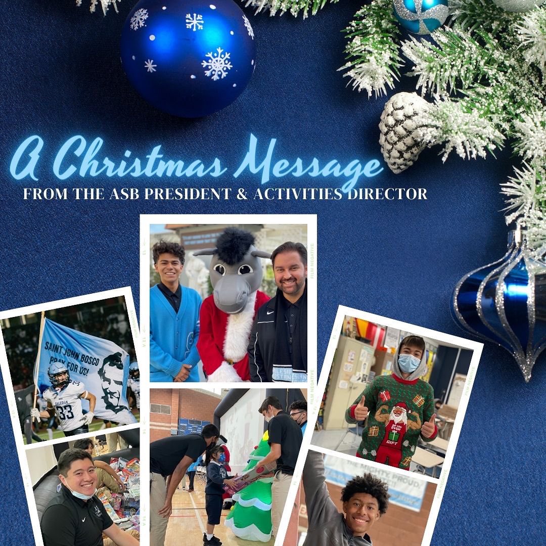 SalesianASB's tweet photo. "Christmas reminds us to pause and reflect on the important things like family, friends, and all the things that money can't buy." Here's a special Christmas message from our ASB President and Activities Director. https://t.co/mwQuPl0ajJ