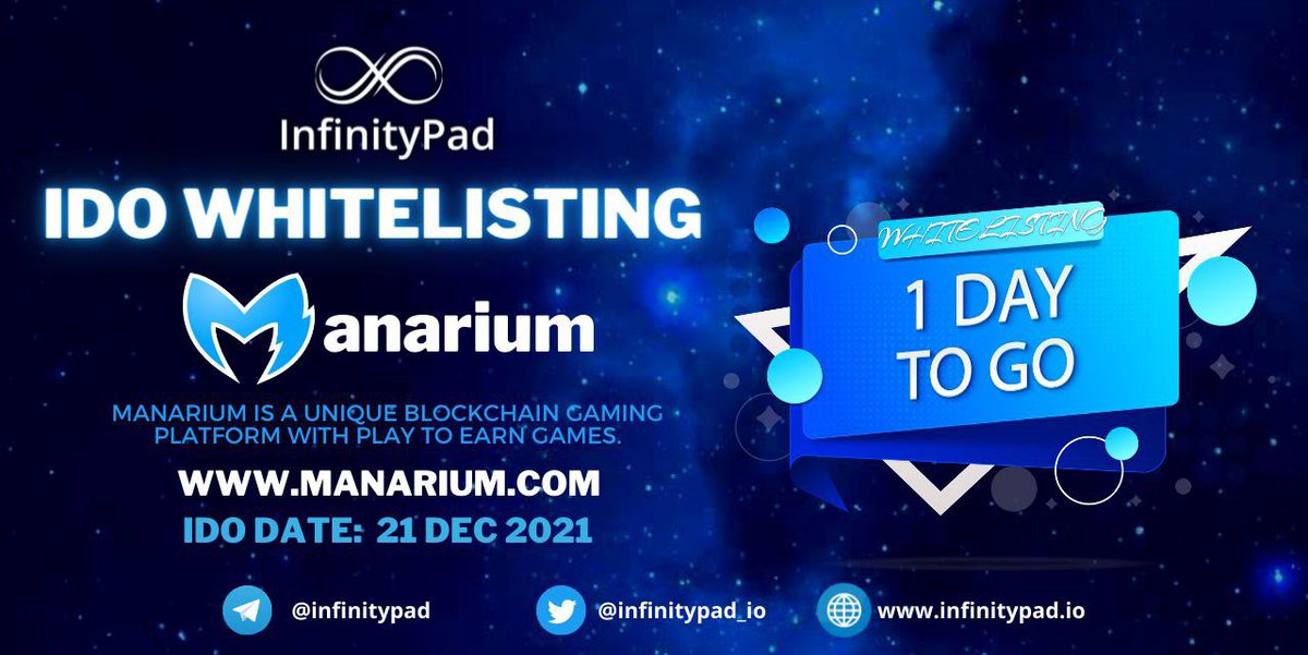 We are giving away $10,000 worth of allocation for <a href="/manarium_gg/">Manarium</a> IDO on  @InfinityPad_io 

IDO Start: 16:00 UTC, December 21, 2021

What are you waiting for?

gleam.io/rHYJd/manarium…

#Whitelist #Airdrop #Airdrops #PlayToEarn #NFTgame #Whitelisting #BinanceSmartChain #CeloLaunch