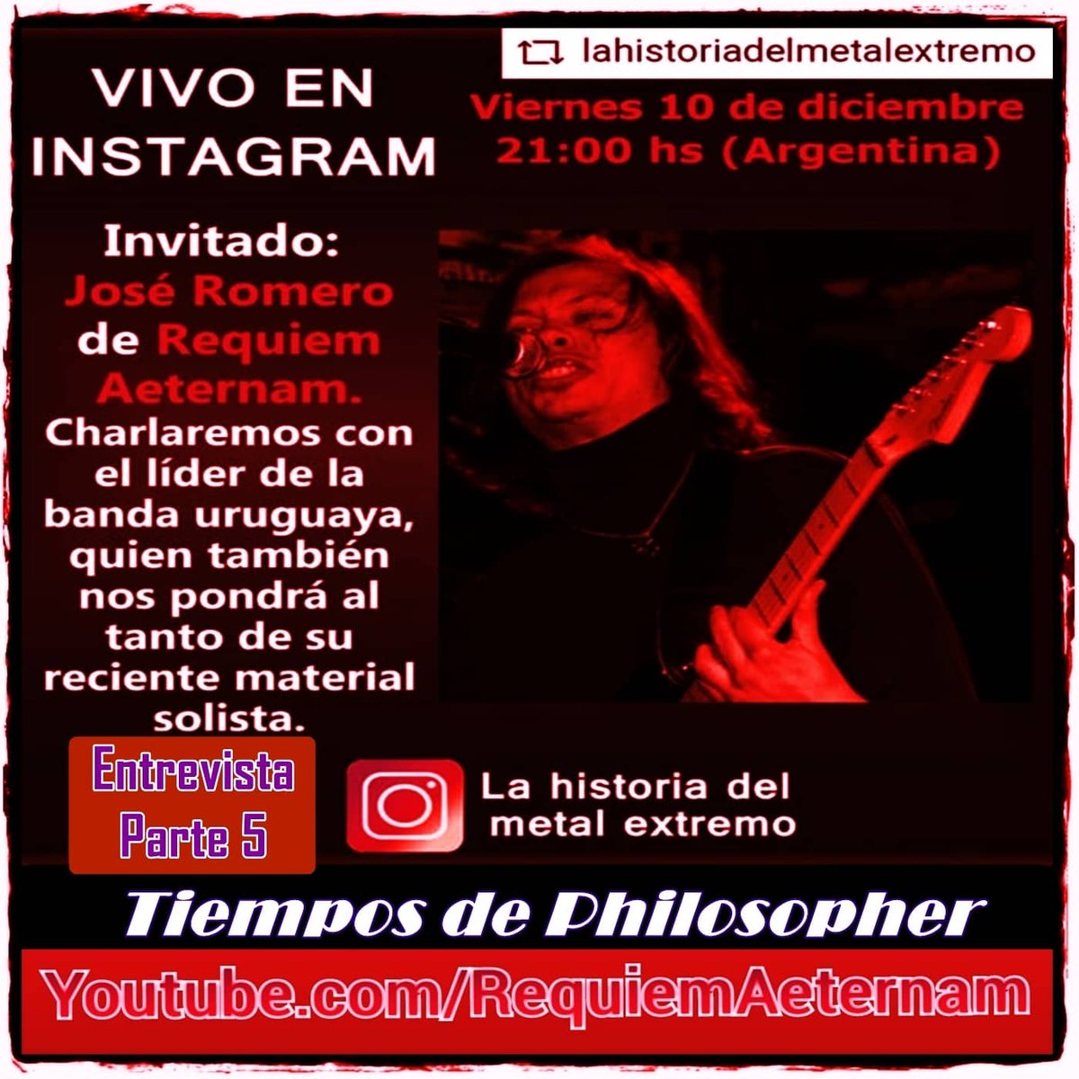 RequiemAeternam's tweet photo. https://t.co/vSXbePgqbY
#InterviewLive ☝ #EntrevistaEnVivo 
[SPANISH ONLY] 🎧🎙🇦🇷🇺🇾🇺🇲

La parte 5 de esta entrevista (Tiempos de Philosopher) está en #RequiemAeternamTV

La entrevista completa a @JBRomero_RA por Exequiel Núñez está en https://t.co/4Ev7DaWIeO
#philosophicalmetal https://t.co/DD1ptWVrKL