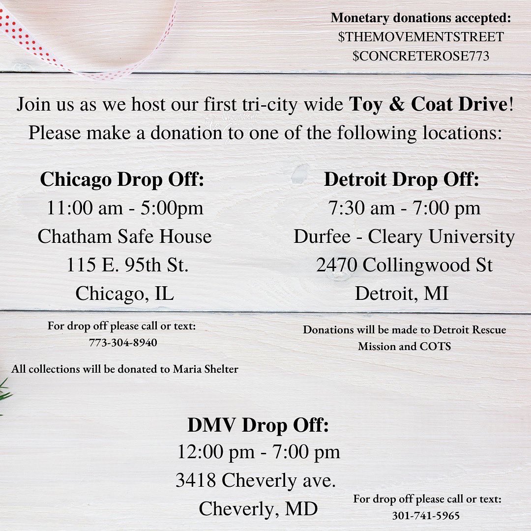 It’s beginning to look a lot like Christmas! 🎁 We are so excited to announce that CRC has partnered with The Movement Street to host a toy &amp; coat drive in THREE major cities! Starting today, we will be accepting donations for toys and winter necessities.