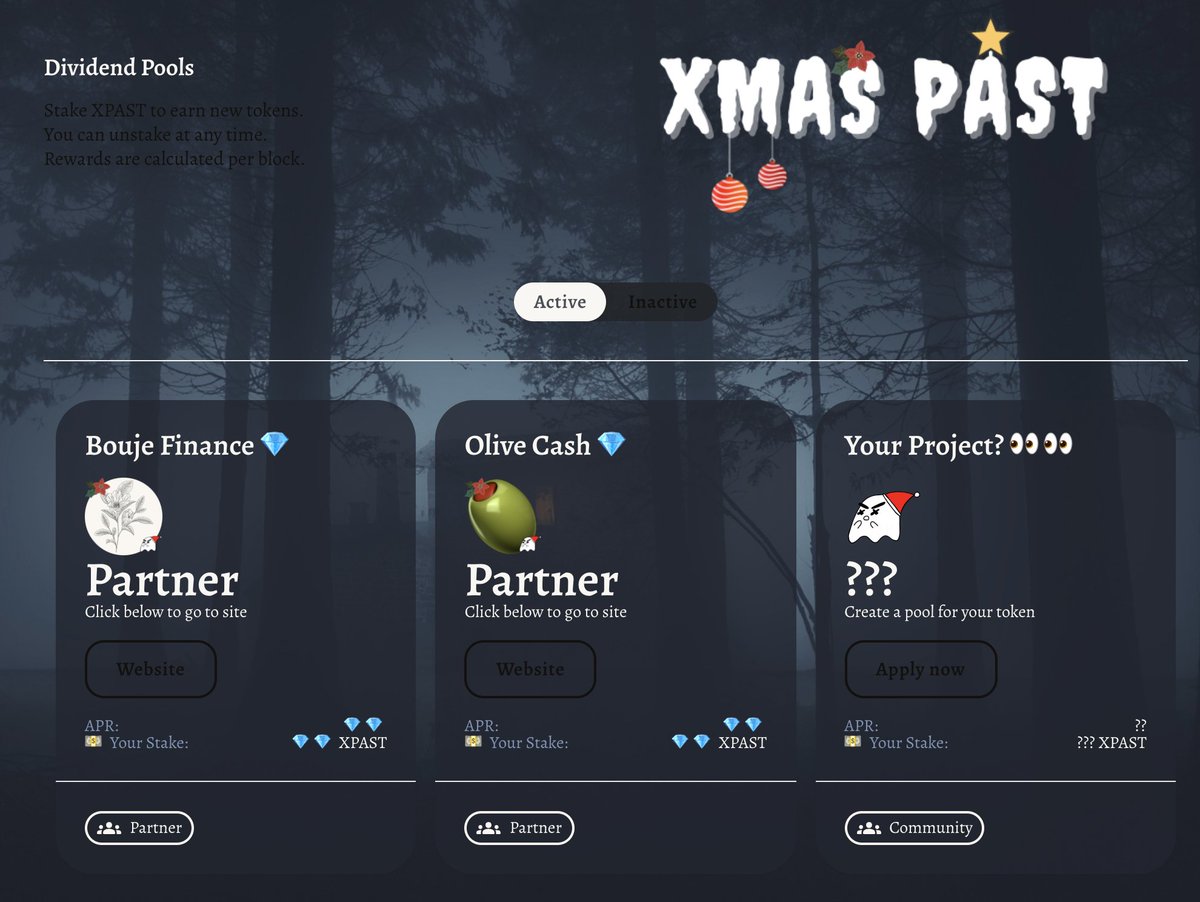 BooXmasPast's tweet photo. 🌲🎁 XMAS PAST 🎁🌲

We have added our Partner's Websites and pools on our Dividends page for easier access

#DeFi #FTM #YieldFarming #Fantom https://t.co/69bXQ6MXMV