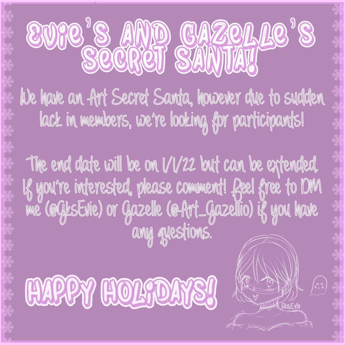 Me and @Art_Gazellio are hosting an Art Secret Santa! 💜 If you’re interested in joining comment “❄️” to let us know! Though it ends on New Years, if you need more time the end date can be extended. Happy Holidays! 💜 #royalehigh #royalehighart #art #robloxart #Roblox