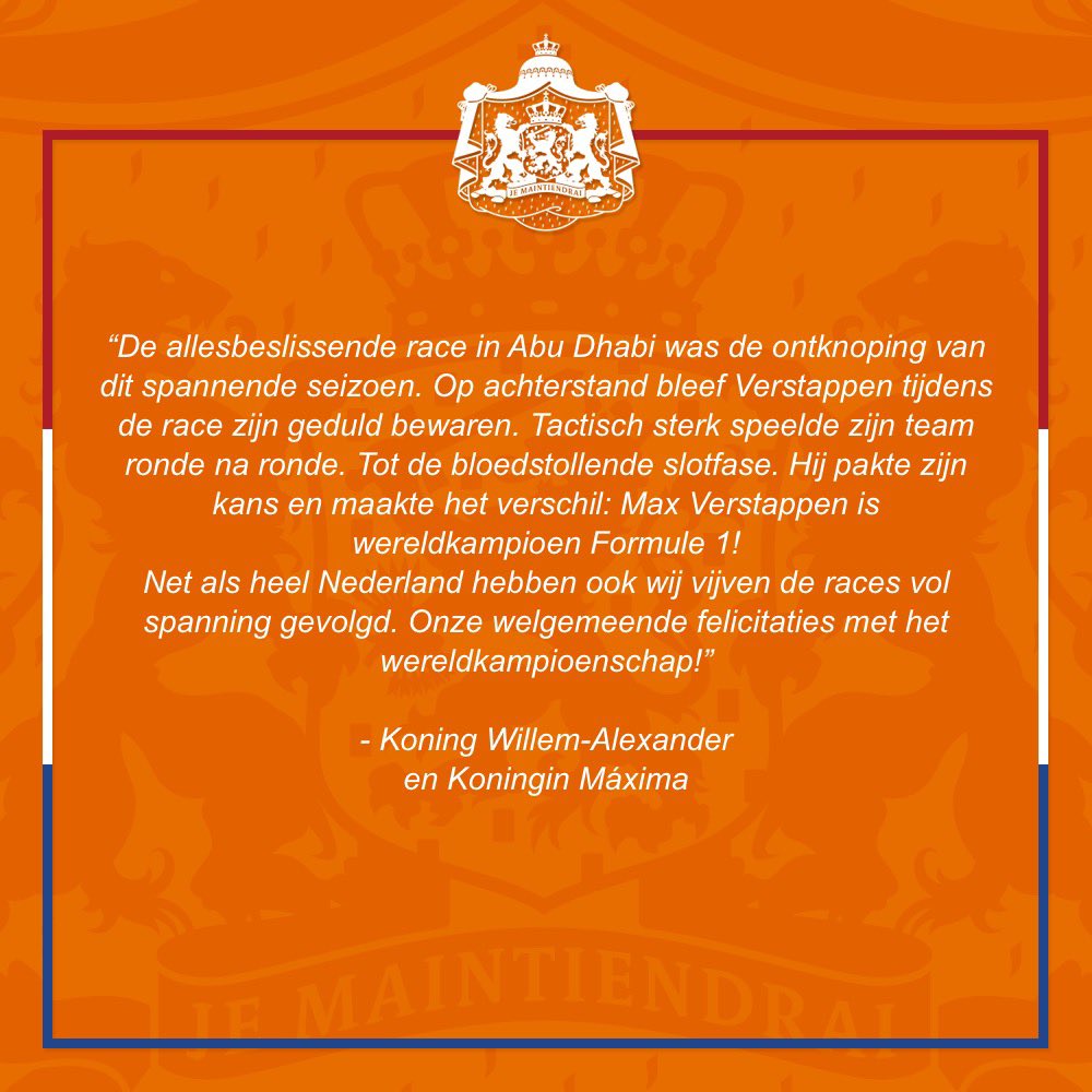 koninklijkhuis's tweet photo. Koning Willem-Alexander en Koningin Máxima feliciteren Max Verstappen met het behalen van het wereldkampioenschap Formule 1:
https://t.co/ofKBNKtuaH https://t.co/XxyIFKLzui