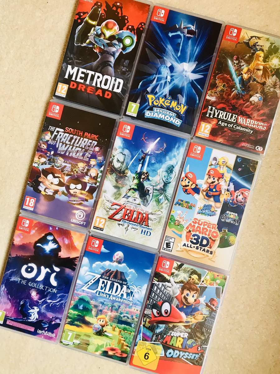 BlueEyedClark's tweet photo. Not had a Switch for too long but here’s my collection as it stands 😊 #MetroidDread #BrilliantDiamond #AgeOfCalamity #FracturedbutWhole #SkywardSword #SuperMario3DAllStars #OriCollection #LinksAwakening #SuperMarioOdyssey https://t.co/j5Edwxkq0r