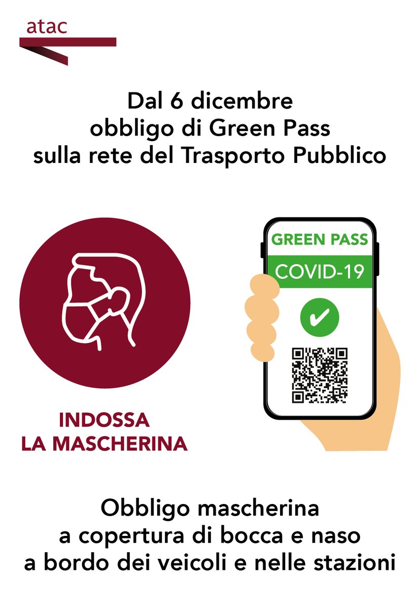 InfoAtac's tweet photo. #info #atac 😷📱 #GreenPass

Se viaggi sui mezzi di trasporto pubblico è OBBLIGATORIO  possedere il #GreenPass di base.
Per viaggiare è anche obbligatoria la mascherina a protezione di bocca e naso. Consulta le FAQ del Governo su https://t.co/W6VJnrXDCM #Roma #COVID19 https://t.co/VQZ9AcY3fj
