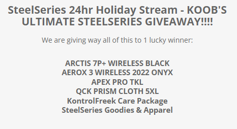 SteelSeries's tweet photo. FINAL SEGMENT OF OUR 24-HOUR HOLIDAY STREAM AND WE'RE GIVING ONE LUCKY WINNER ALL OF THIS:

https://t.co/25pc0X21ti hop in chat for details and to help us support and highlight @foodbanking 

we're matching up to $5,000 in donations through our channel directly to them🧡🎁 https://t.co/ZhbN7ielUq
