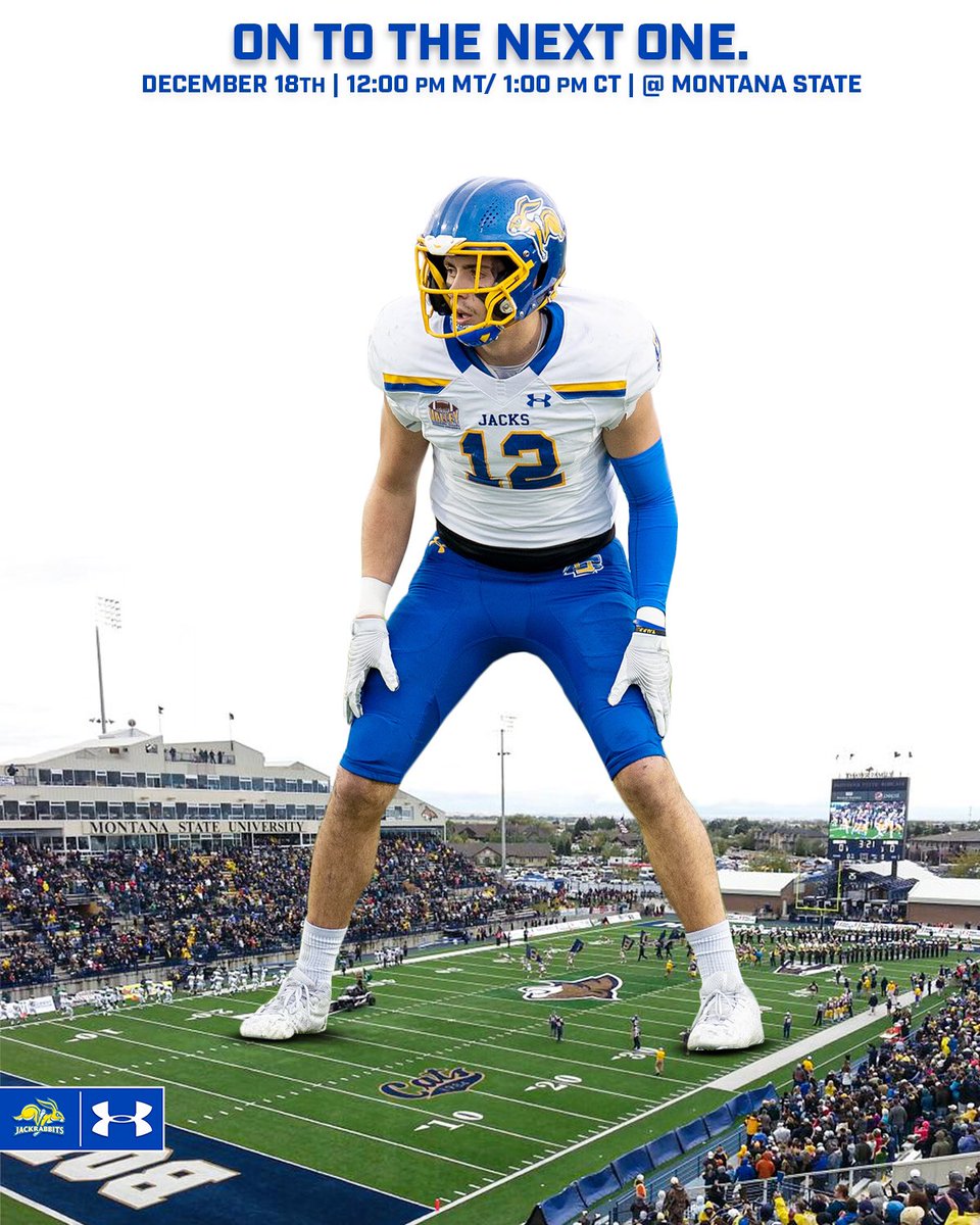 GoJacksFB's tweet photo. 𝗢𝗻 𝗧𝗼 𝗧𝗵𝗲 𝗡𝗲𝘅𝘁 𝗢𝗻𝗲

🆚 Montana State
🗓 December 18th
🕰 1:00 PM CST
📺 ESPN2

#GoJacks 🐰🏈 https://t.co/h9ZV3c7C6k