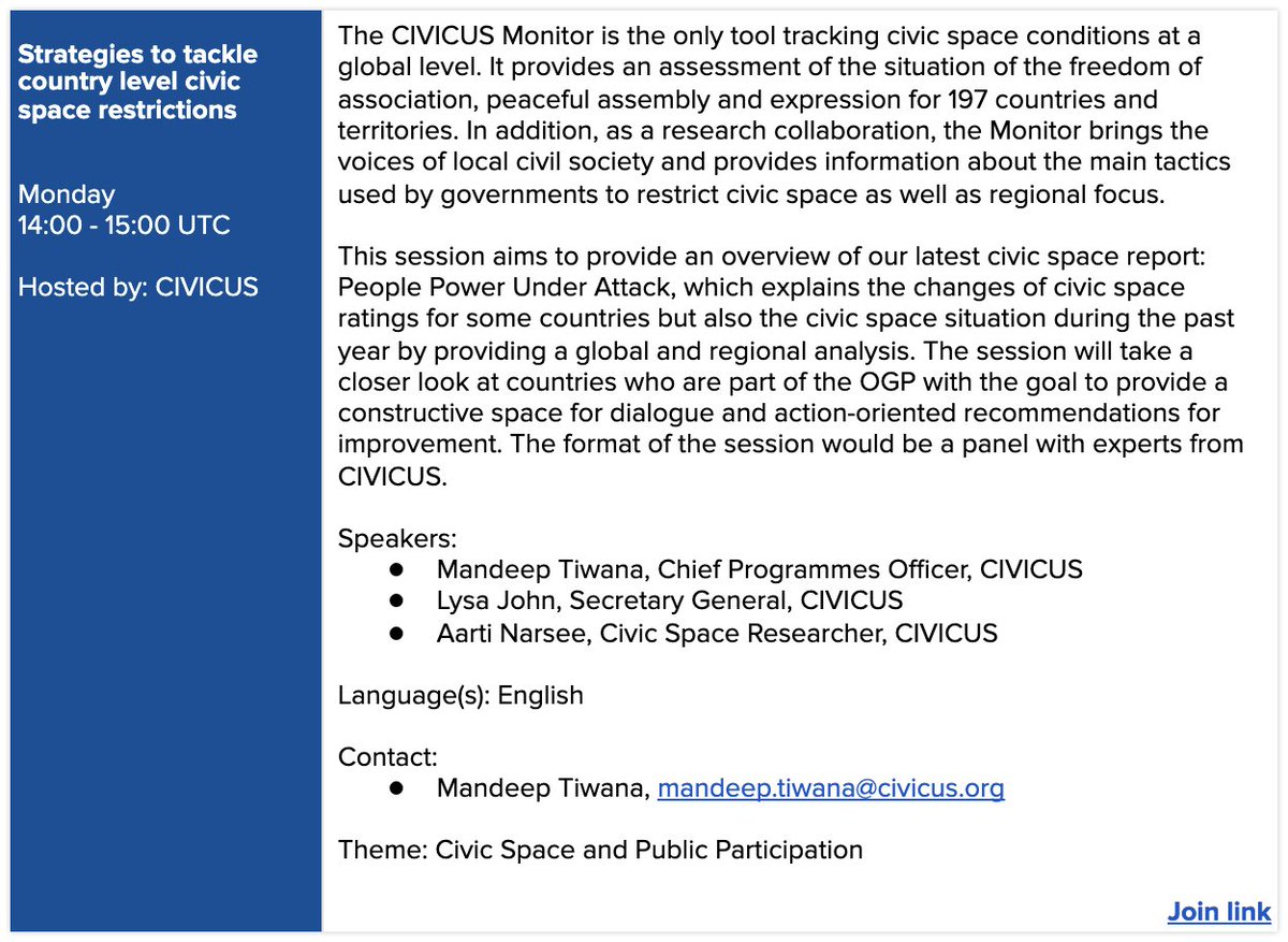 CIVICUSMonitor's tweet photo. Tomorrow at the @OGP Open Summit (#OGPSummit),  @LysaJohn @mandeep_tiwana1  @ajnarsee  to discuss strategies on how to tackle country level civic space restrictions. Register: https://t.co/POGX0Bzudt https://t.co/1jgxVA2BH8