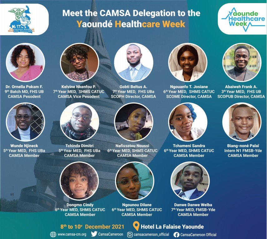 camsacameroon's tweet photo. Meet the Cameroon Medical Students' Association (CAMSA) delegation at the first edition of the Yaounde Healthcare Week, taking place from the 8th to the 10th of December 2021, at Hotel La Falaise, Yaounde.

#YdeHealthCareWeek
#NCDs #SDG3
#MeaningfulYouthParticipation
#Cameroon https://t.co/x7BwfhnM7S