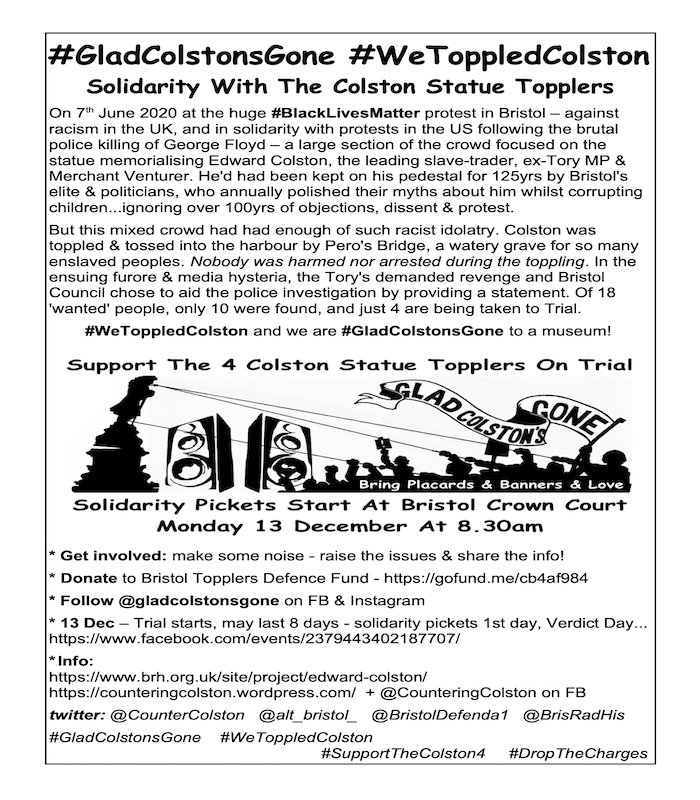 Alt_Bristol_'s tweet photo. Monday 13th sees start of Trial of #ColstonStatueTopplers - 4 people out of 100's involved, charged w/criminal damage to #Colston statue. It's a political trial arising from #Tories desire for revenge & to control the narrative. #Resist #SupportTheColston4
https://t.co/yJWAplJPSD https://t.co/q9s8oCvzKc