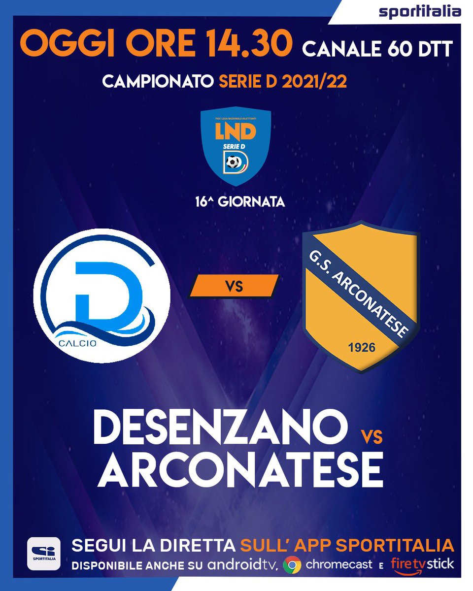 tvdellosport's tweet photo. Alle 1️⃣4️⃣:3️⃣0️⃣ non perdere il match tra #Desenzano e #Arconatese valevole per la 16^ giornata di Serie D del girone B⚽️

📺 60 DTT 
📲 Sportitalia App
📺 Samsung TV Plus 
📺 Rakuten TV 
🖲 Google Chromecast
✅ Amazon Firestick
🔴 Si Smart
🎙 @GabrieleSchiavi &amp; Giuliano Melosi https://t.co/v07LLNKD4z