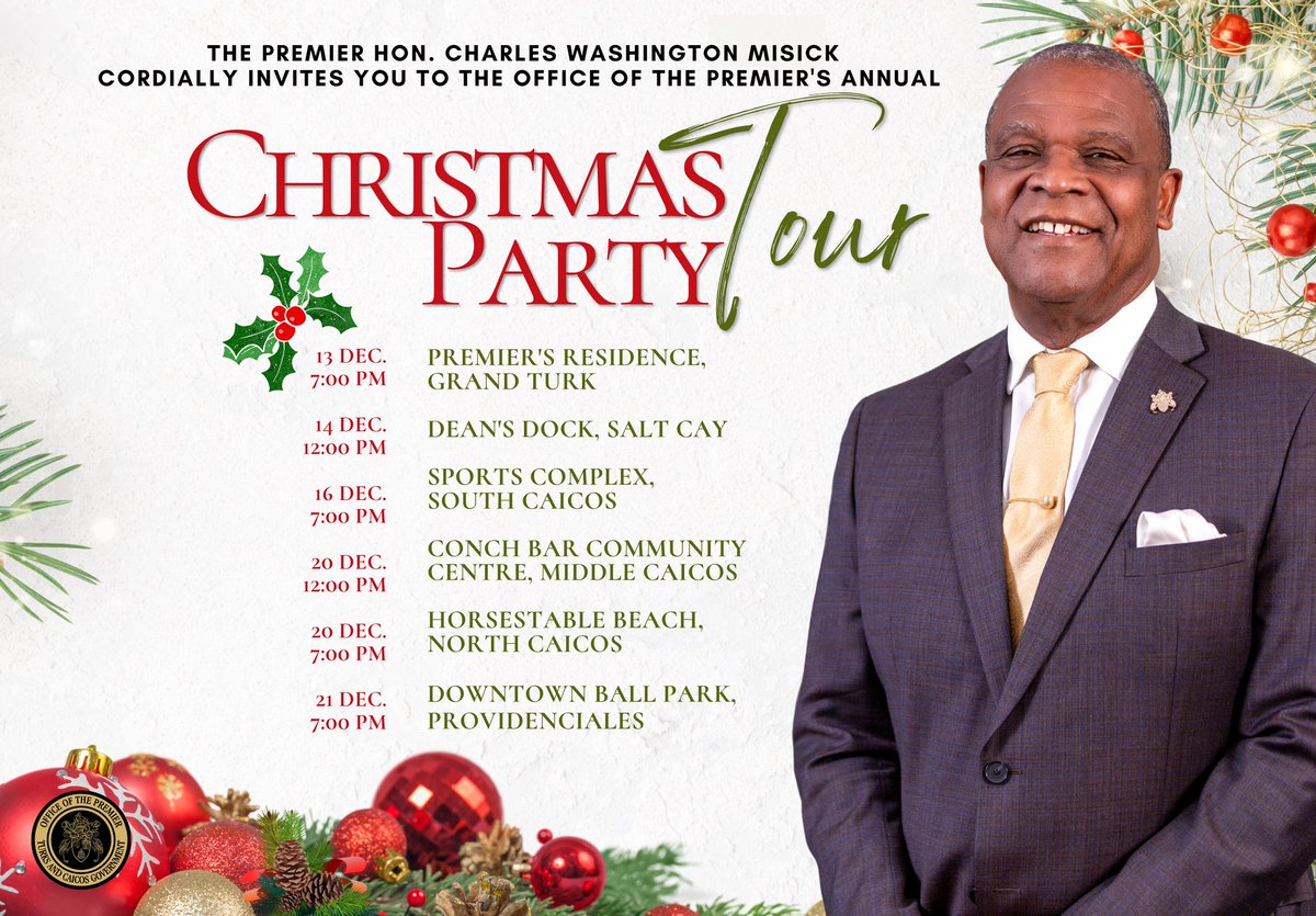 The Premier Hon. Charles Washington Misick cordially invites you to join the Office of the Premier for our Annual Christmas Part Tour.

We look forward to celebrating the #Christmas holidays with you #TurksandCaicos!