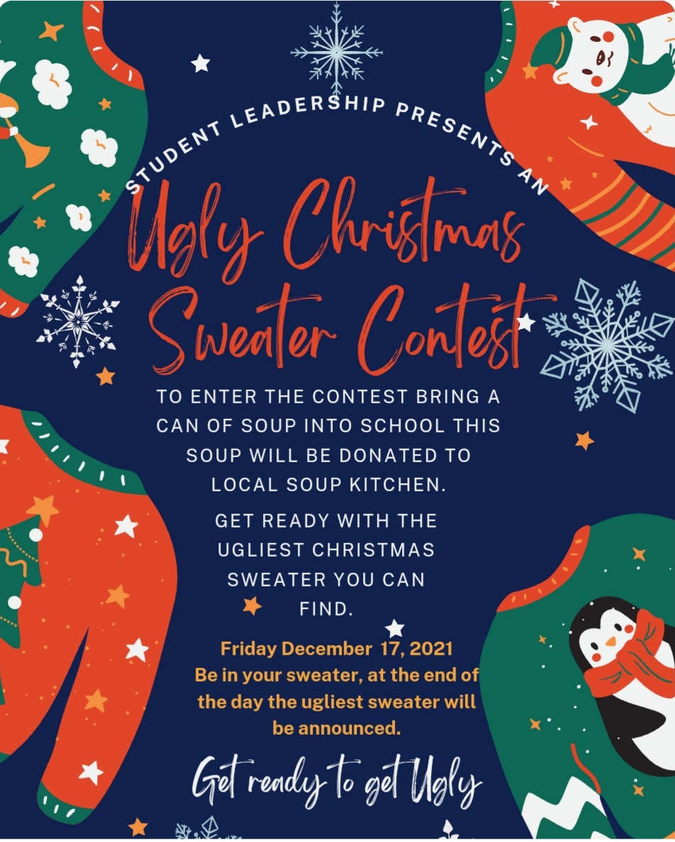 This Friday, Dec 17 Maple Place Student Leadership is hosting an Ugly Sweater Contest.  To participate please bring a can of soup to be donated to a local soup kitchen.  Contest will take place during gym periods.