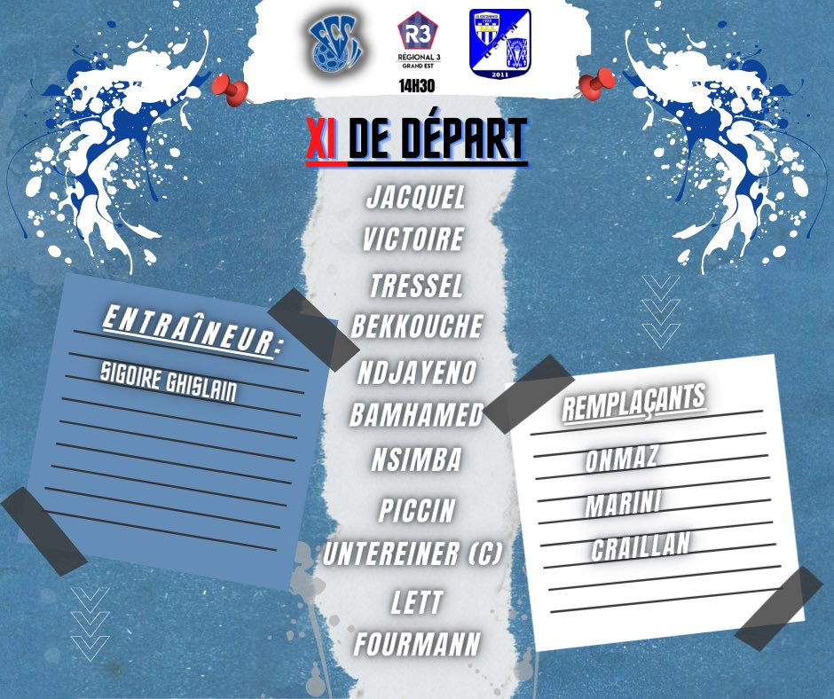 FCSarrebourg's tweet photo. Voici le XI de départ de l’équipe réserve contre l’US Goetzenbruck, début du match dans 30mn. ⚪️🔵 https://t.co/fDGl2psTmc