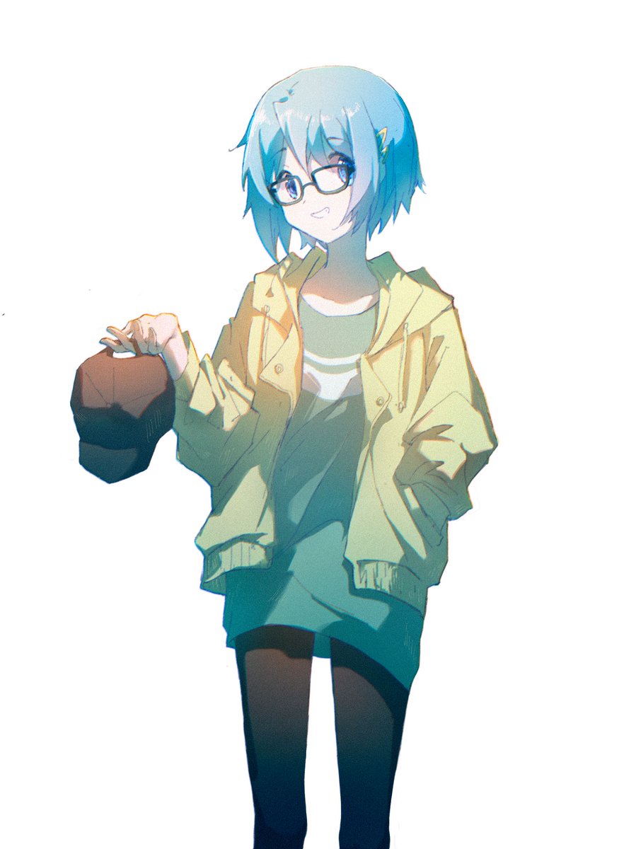 miki sayaka 1girl solo blue hair blue eyes simple background holding hat glasses  illustration images