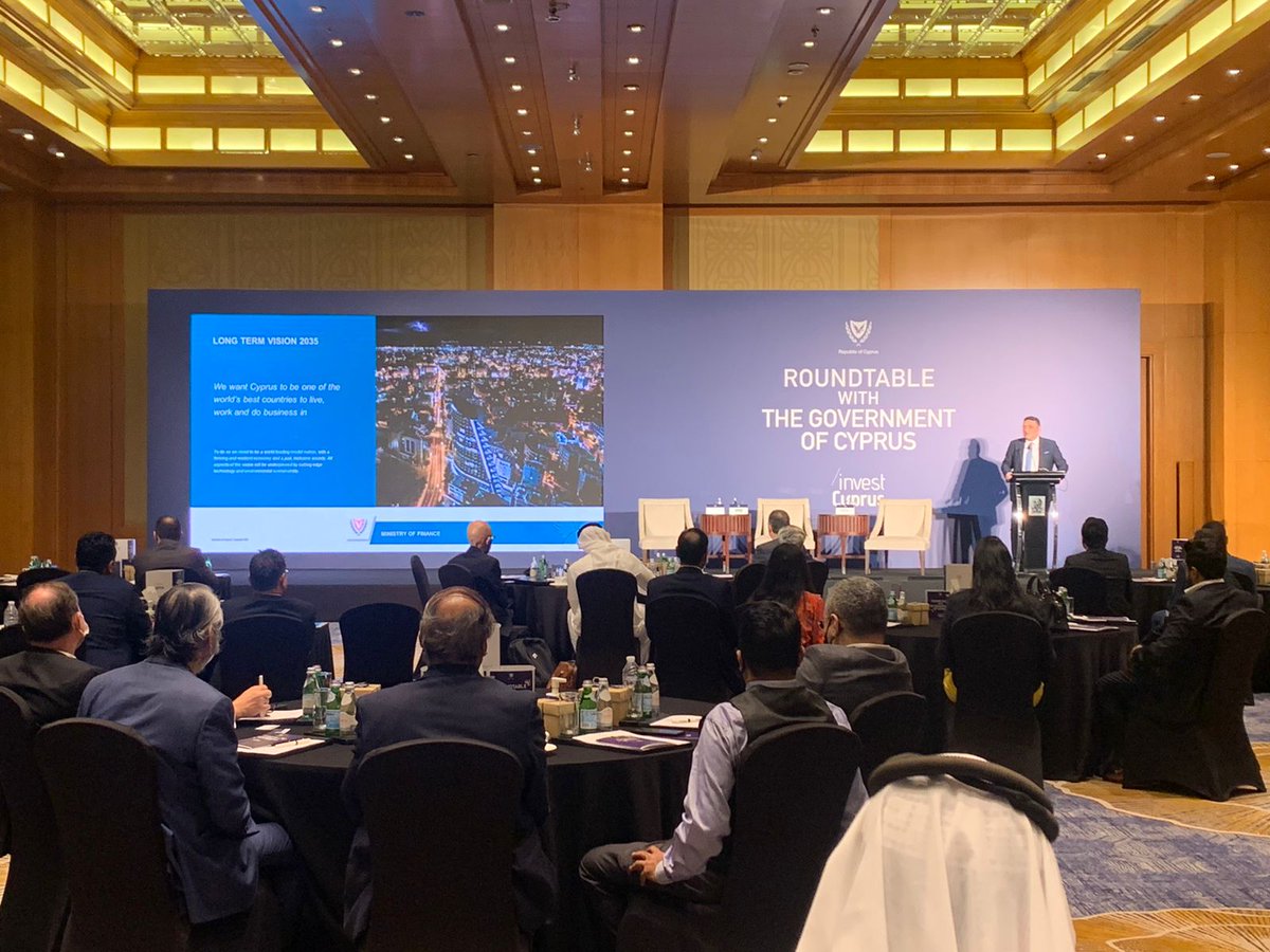 InvestCyprus's tweet photo. #Happeningnow in #Dubai "Roundtable discussion with the Government of #Cyprus" organized by Invest Cyprus, bringing together the #Cyprus Gov. &amp; the business community in #UAE 
Speakers: FM @Petrides_C @CyprusMFA 
Invest Cyprus Chairperson @YannisMatsis 
Board Member @a_ashiotis https://t.co/KtpL01bUO2