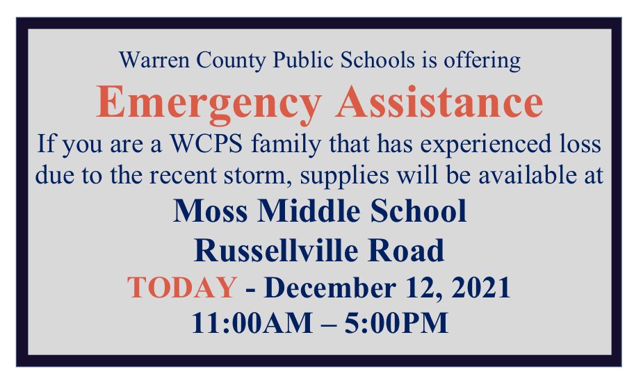 RitaDaniels_60D's tweet image. EMERGENCY ASSISTANCE:  Warren County Public Schools is offering assistance for those families that have experienced loss due to the recent storm.  Supplies will be available at Moss Middle School, Russellville Road, from 11:00am-5:00pm.  Please share this with our families.