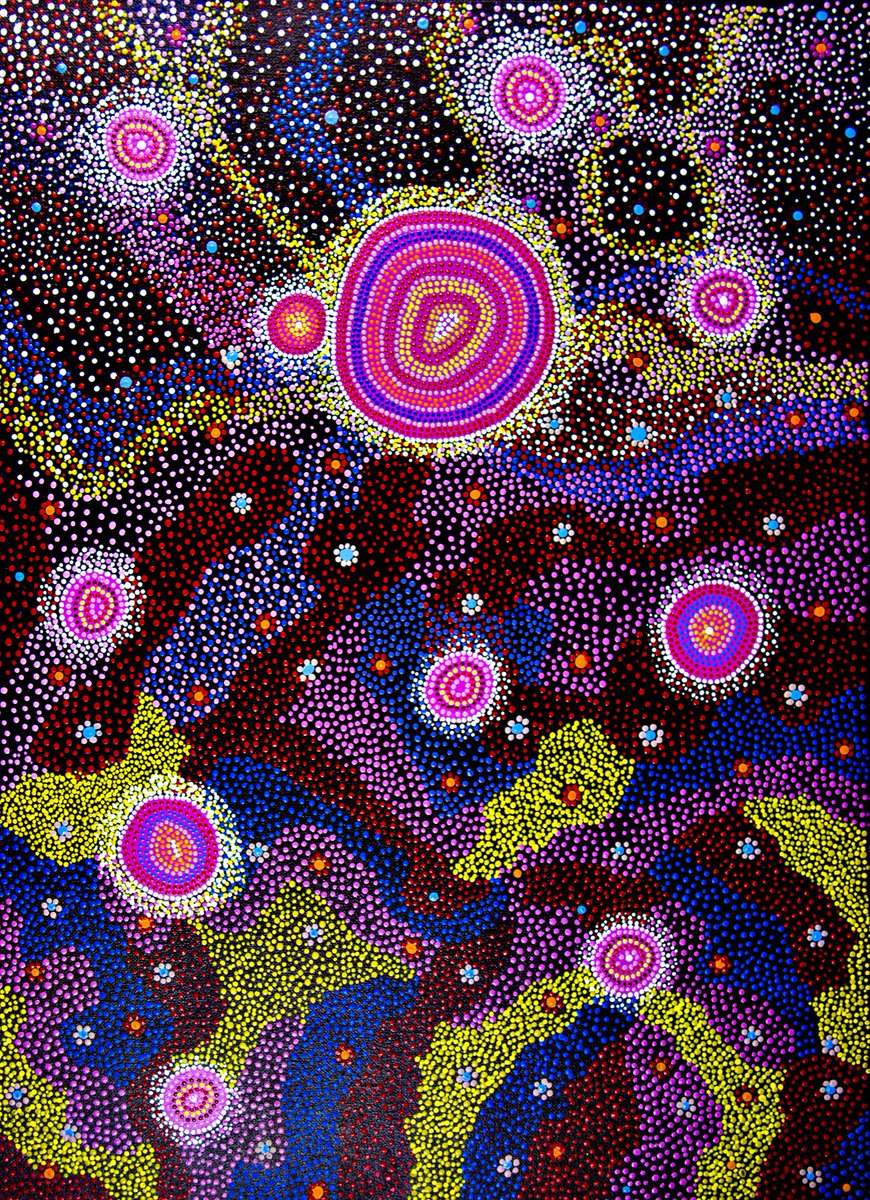 From the 'Shared Sky' exhibition, 'Jupiter and Ten Moons' by Indigenous Australian artist Barbara Merritt #WomensArt #400K