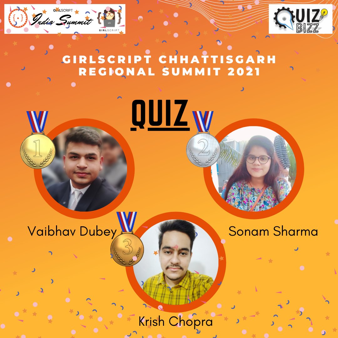 girlscriptdurg's tweet photo. The outcome of the battle has arrived.

Girlscript CG is announces the top performers of the Regional Summit's Web 3.0 &amp; emerging technologies quiz held on 4th December🎓🎓:

🏆Winner: @VaibhavDubey_VD🏆 
🏆First runner-up: Sonam Sharma🏆
🏆Second runner-up: @krishchopra22🏆 https://t.co/3I7aanx3tg