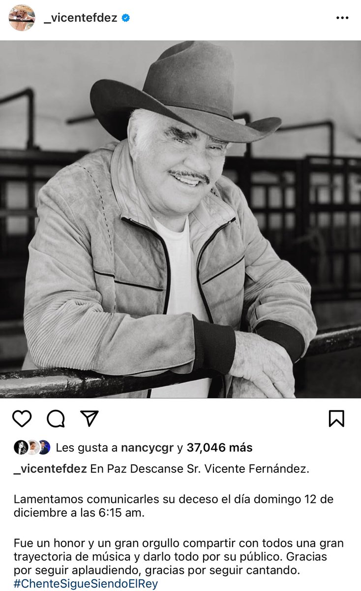 Así anuncia la familia el fallecimiento del cantante Vicente Fernández: