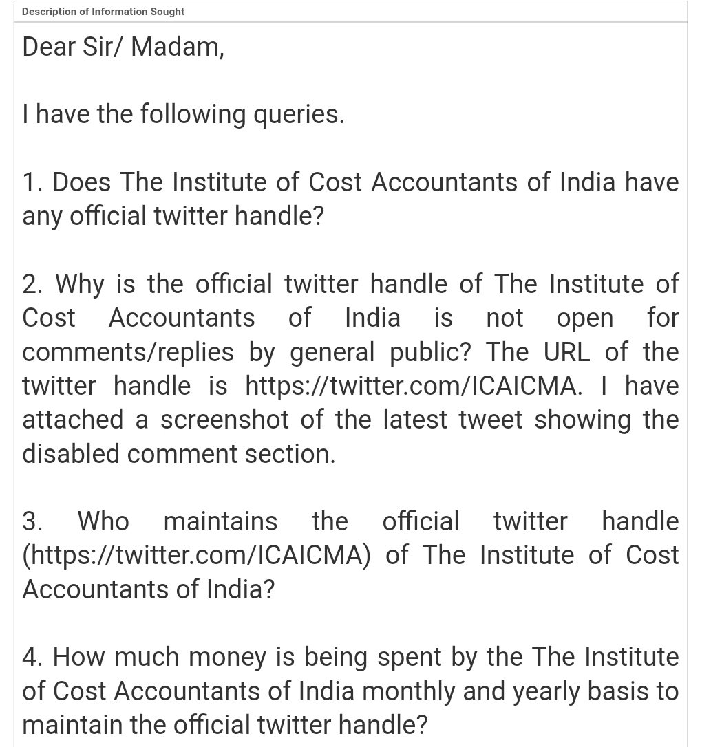 ReLUSpeaks's tweet photo. Filed an RTI to know who runs the official handle of @ICAICMA. Never expect an official handle of GoI to be view only for its citizens. But, certain privileged people can reply.

@CMAreality @indCMAs @cma https://t.co/tJawdCXUqq