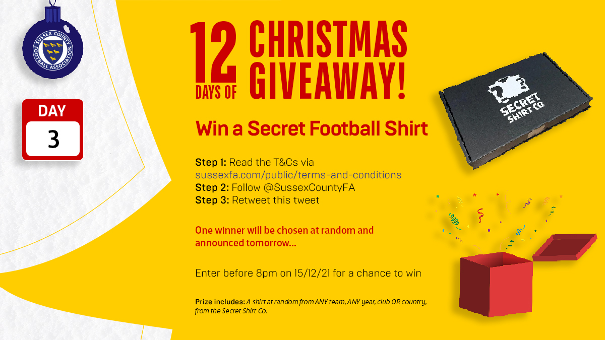 🎅 12 days of Christmas GIVEAWAY! 🎄

DAY 3⃣ - Build the ultimate football shirt collection! Win an order from @SecretShirtCo! Simply follow us &amp; RT this tweet before 8pm tonight to be in with a chance of winning!

T&amp;Cs: sussexfa.com/public/terms-a… #XmasGIVEAWAY🎁 #SussexFootball⚽️