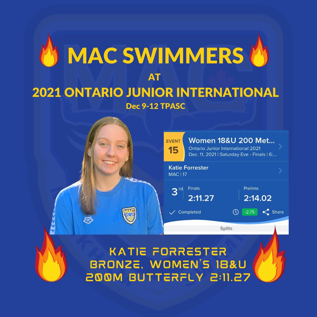 macswimclub's tweet photo. What a 🦋 swim for MAC swimmer Katie Forrester yesterday at Ontario Junior Internationals taking home 🥉 in the Women’s 18&U 200m Butterfly with a time of 2:11.27!@swimontario @katieaforrester #sheswimsfast #shesaflyer #macarmy 🔥 #wearemarkham https://t.co/It8wDDnaxD