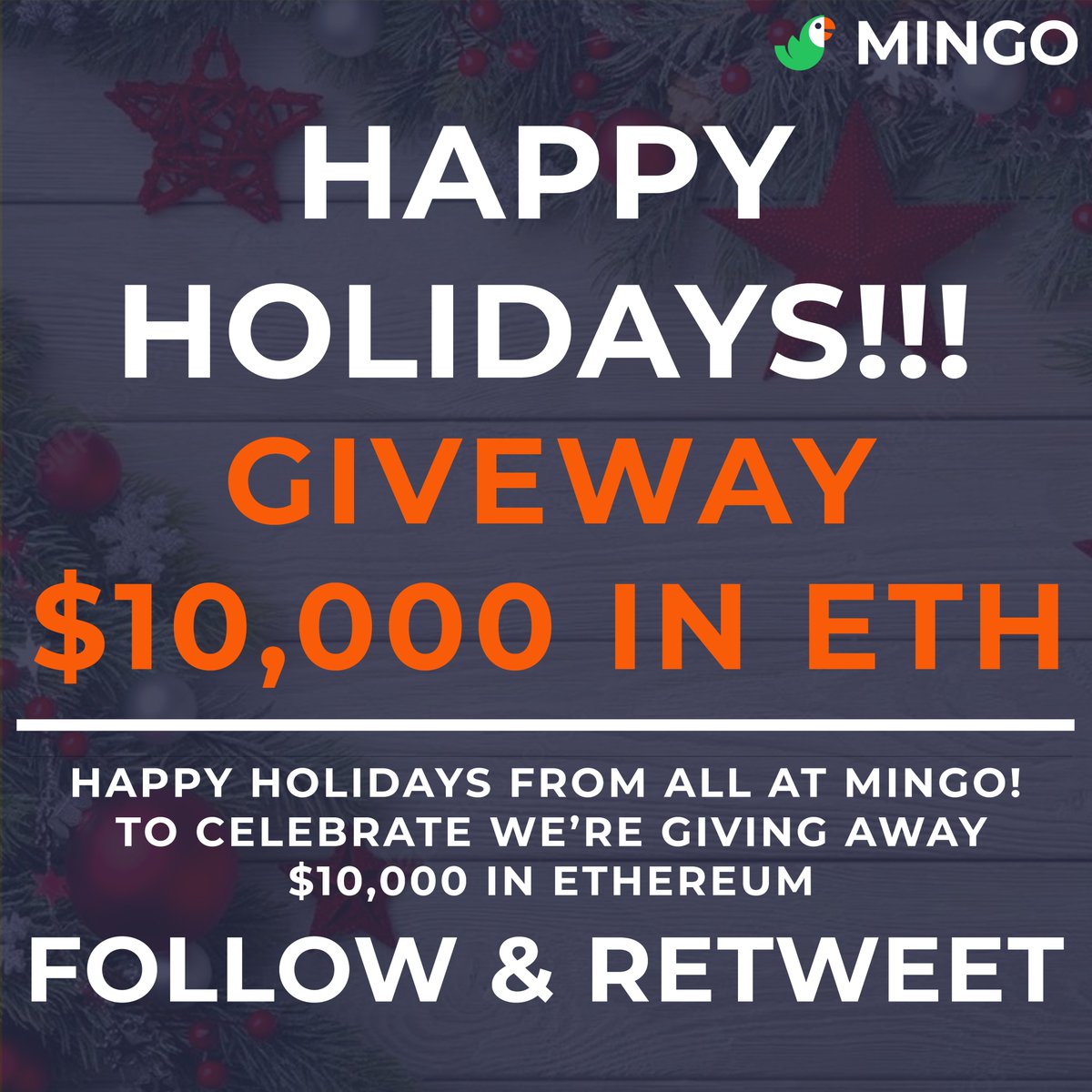 HEY! To celebrate the launch of our new project, we're giving away $10,000 in ETH! Just drop your address below and we'll send you something! :) 

No strings attached! 

FOLLOW &amp; RETWEET! 

HAPPY HOLIDAYS PEOPLE!

- Mingo