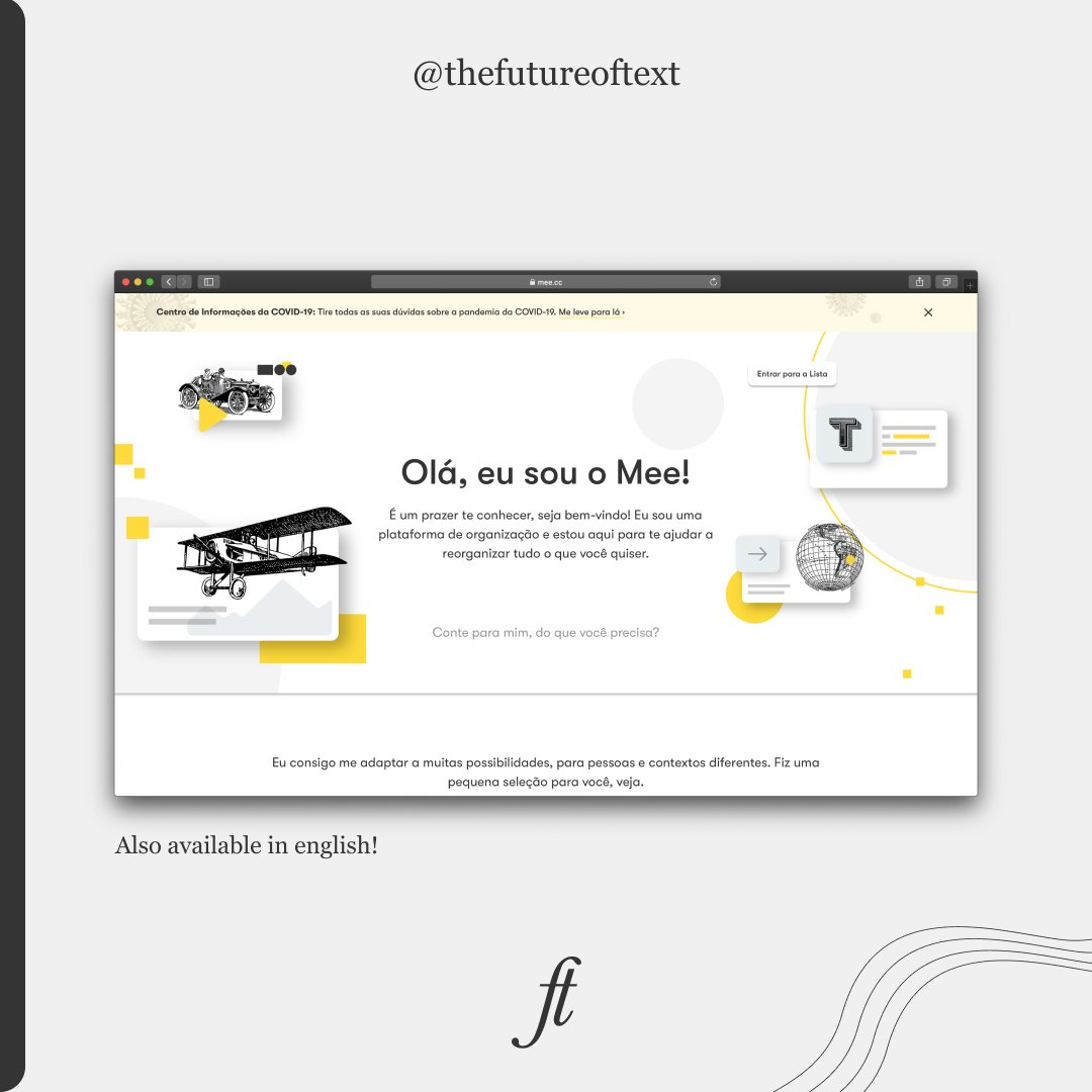 TheFutureofText's tweet photo. MEET: MEE

Mee is a modular platform for organizing and curating information, founded by @rafaelnepo.  The platform is rethinking the way we structure and search for content on the web, using principles of Modularity, Curation and Context.

Access: https://t.co/EWvO1dTyt7 https://t.co/Ag3L4bsAed