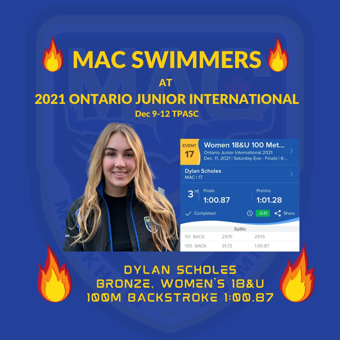 macswimclub's tweet photo. MAC swimmer Dylan Scholes took home 🥉 yesterday at Ontario Junior Internationals in the Women’s 18&U 100m Backstroke with a time of 1:00.87! @swimontario @dylan.scholes #sheswimsfast #backstrokeswimmer #macarmy 🔥 #wearemarkham https://t.co/OXEm3zhm7L